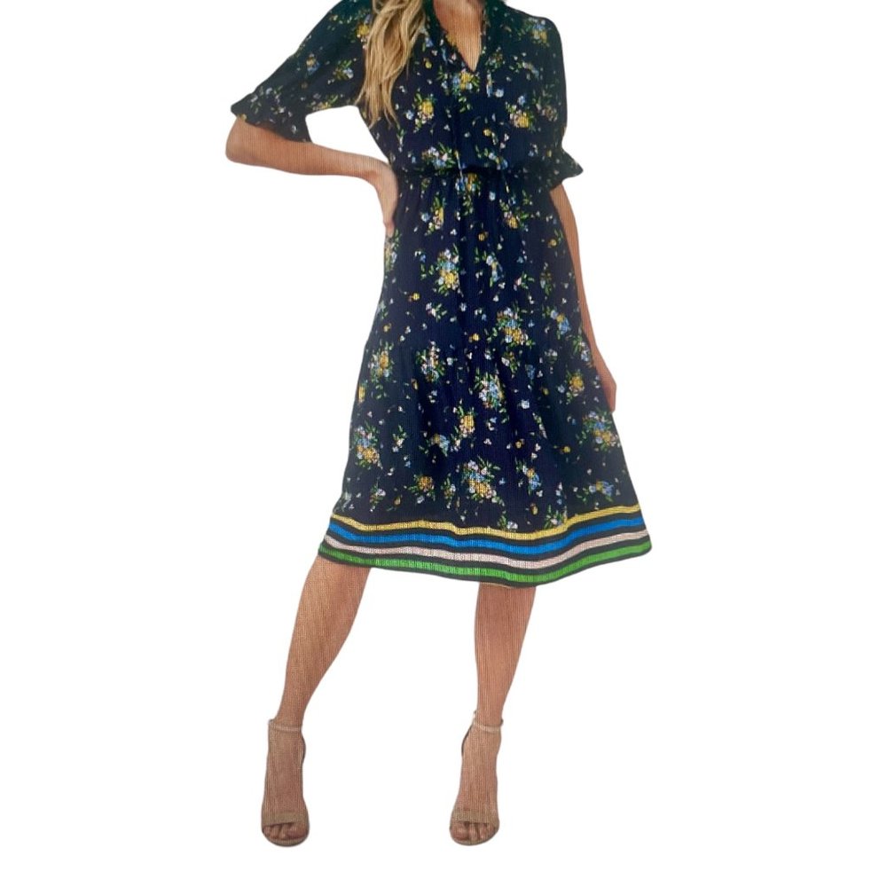 CeCe Bouquet Print Puff Sleeve A-line Midi Dress (L) Classic Navy - NWT - Picture 1 of 9